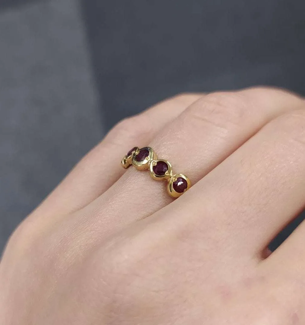 Gold Ruby Ring - Red Bubble Band - Half Eternity Ring