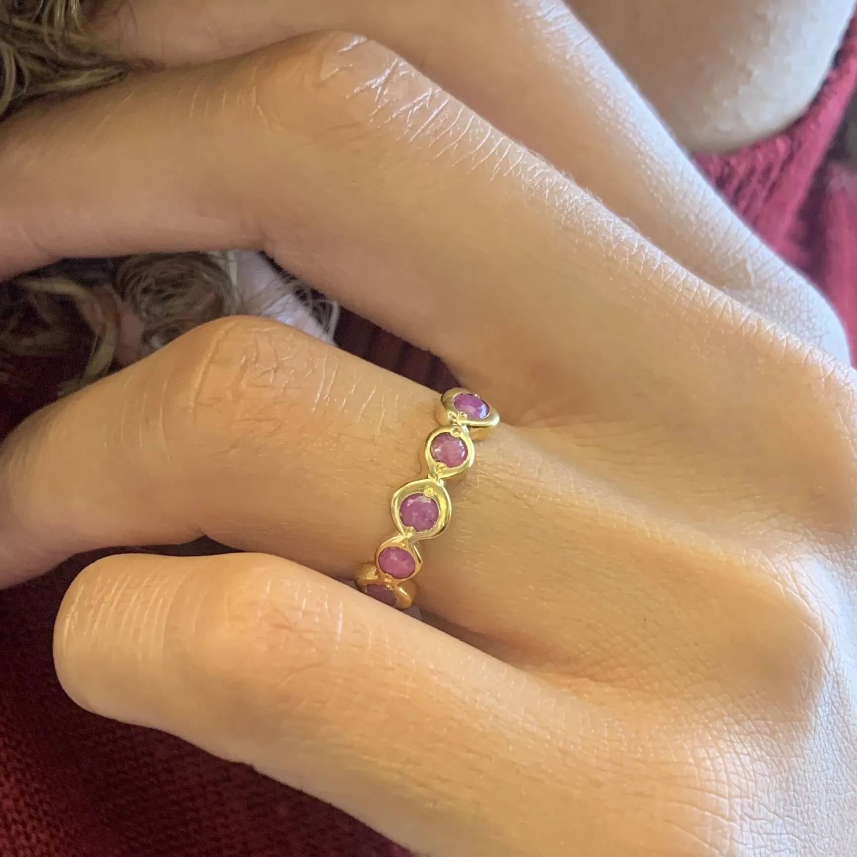Gold Ruby Ring - Red Bubble Band - Half Eternity Ring