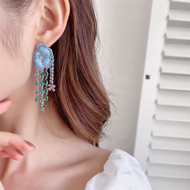 Heavy industry zircon luxury butterfly flower tassel earrings