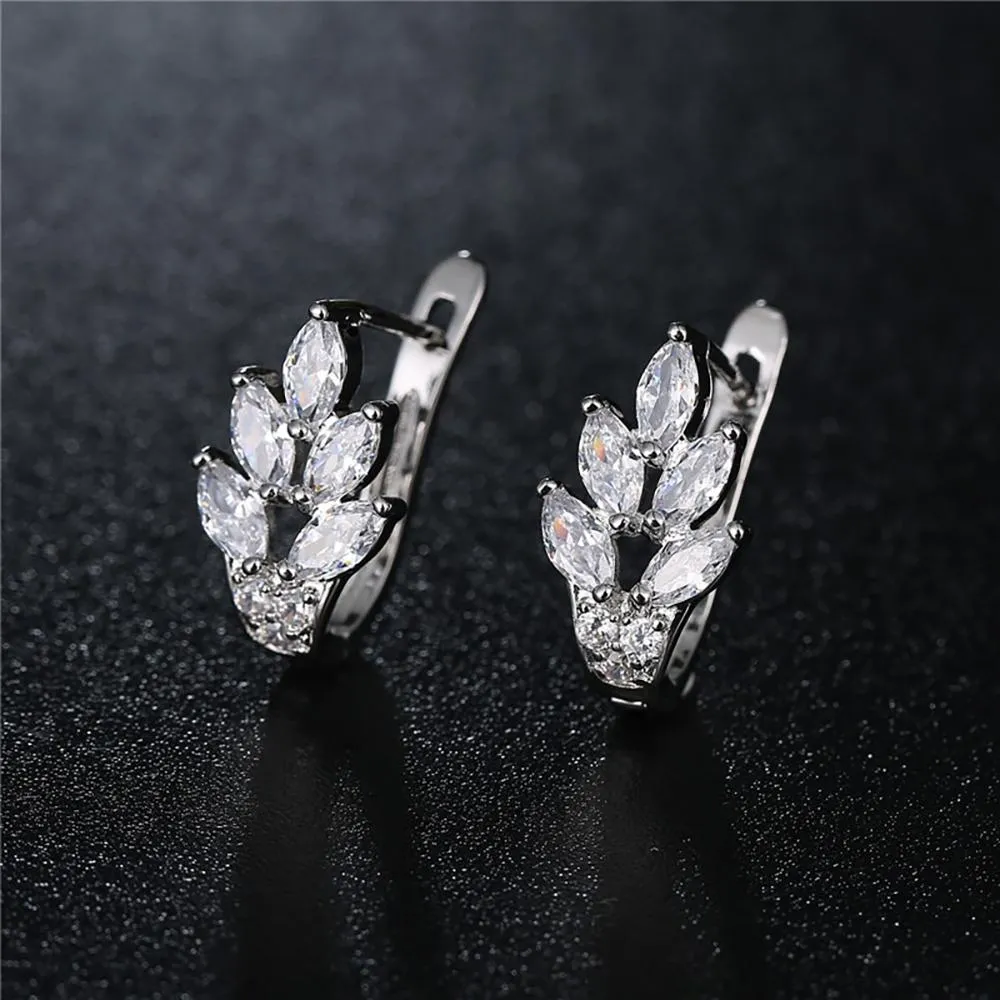 High-Toned Leaves Shape Cubic Zircon Silver Color Hoop Earrings