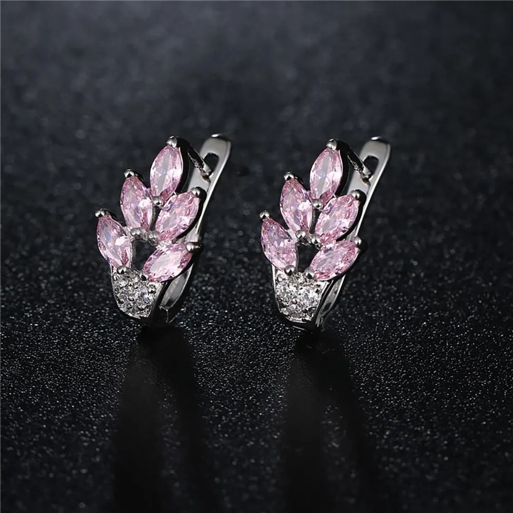 High-Toned Leaves Shape Cubic Zircon Silver Color Hoop Earrings