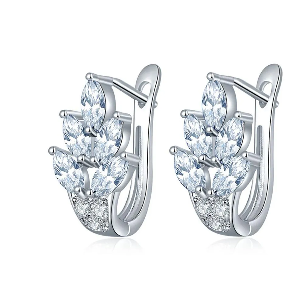 High-Toned Leaves Shape Cubic Zircon Silver Color Hoop Earrings