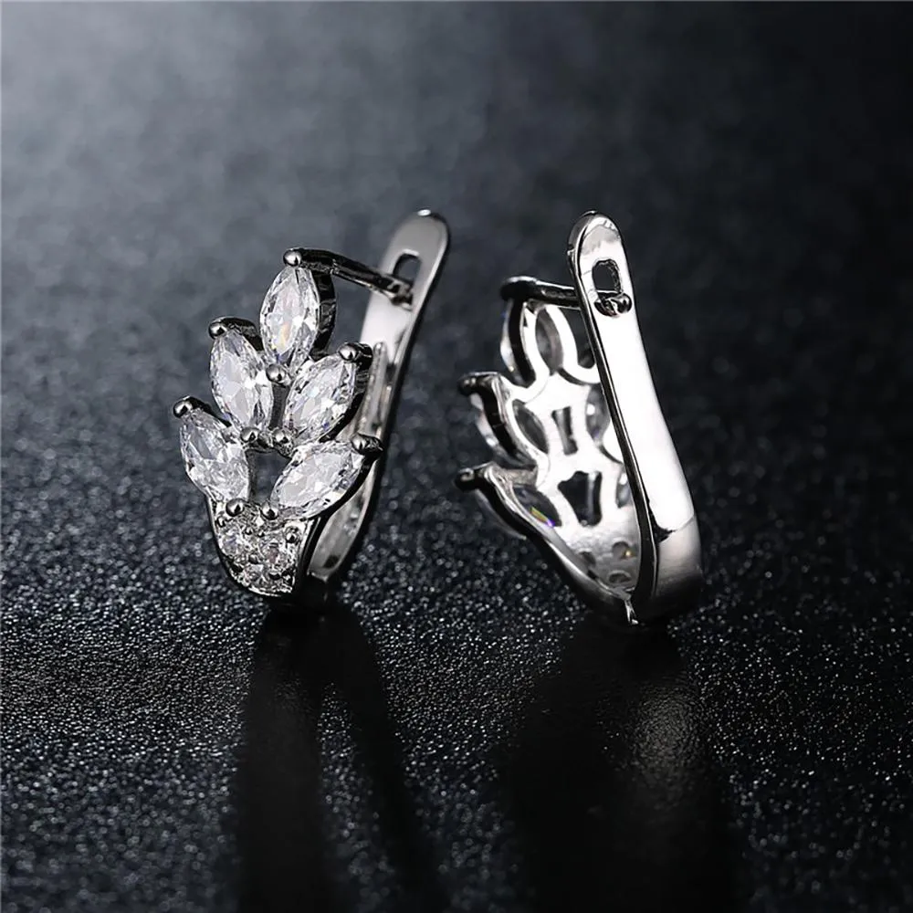 High-Toned Leaves Shape Cubic Zircon Silver Color Hoop Earrings