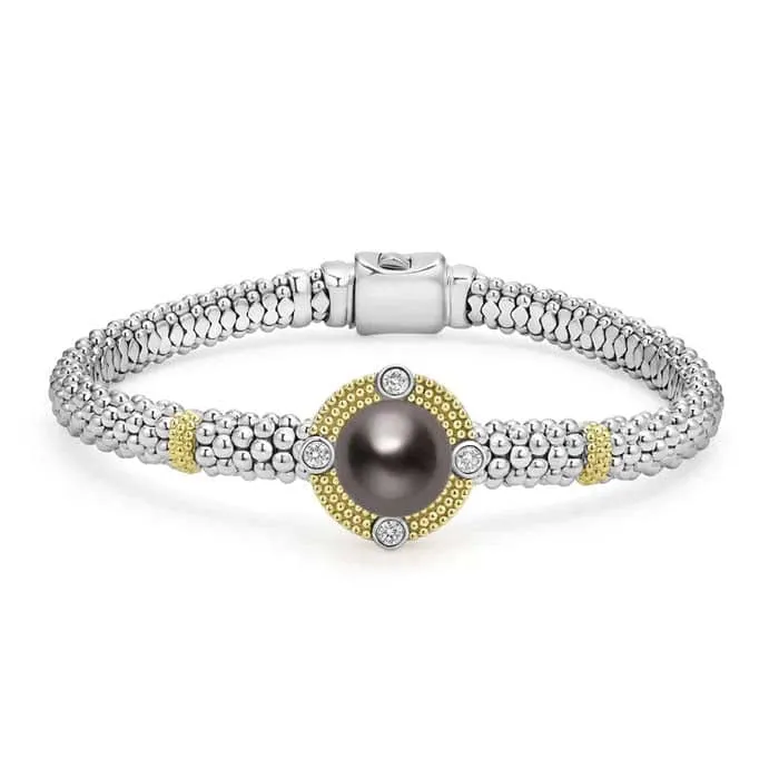LAGOS Tahitian Black Pearl and Diamond Bracelet in Sterling SIlver and 18K Yellow Gold