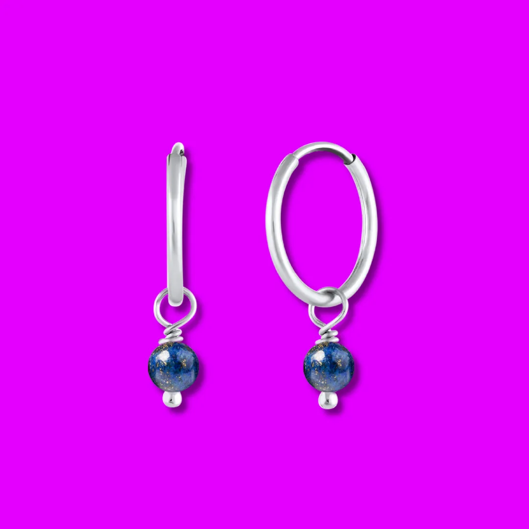 Lapis Lazuli Beads Charm Hoop Earrings in Sterling Silver