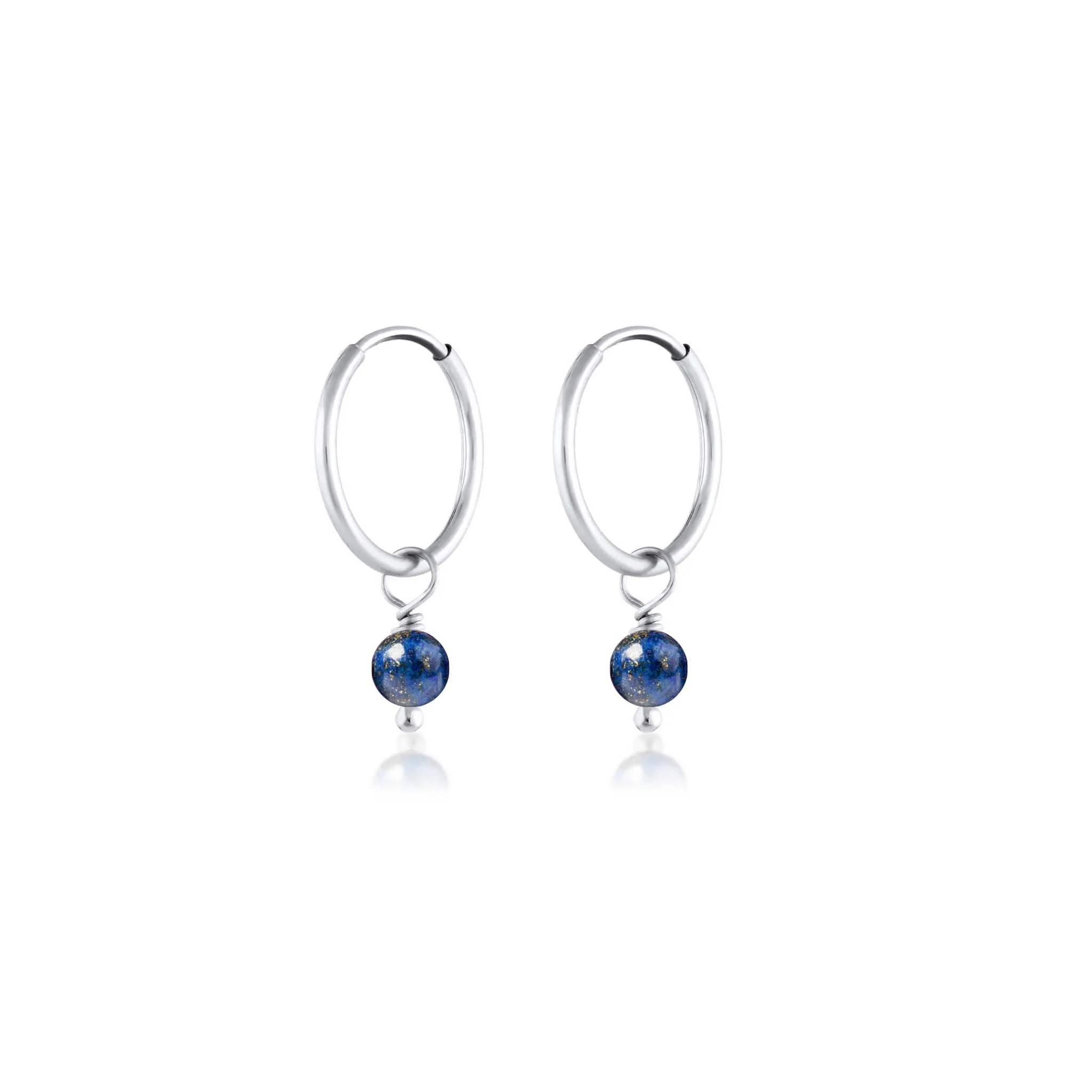 Lapis Lazuli Beads Charm Hoop Earrings in Sterling Silver