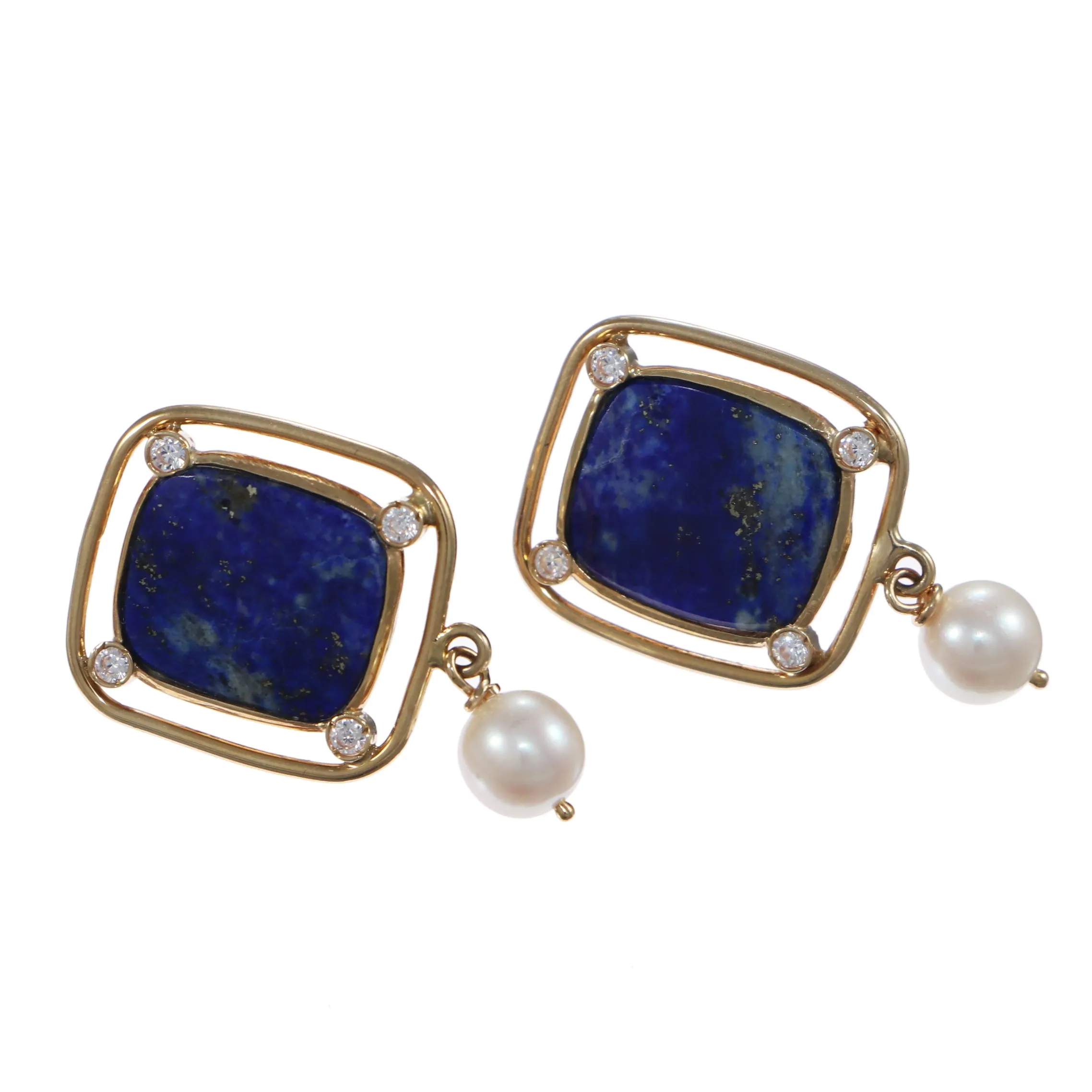 Lapis Lazuli Diamond Pearl Drop Dangle Earrings Solid 14k Yellow Gold Wide Cushi