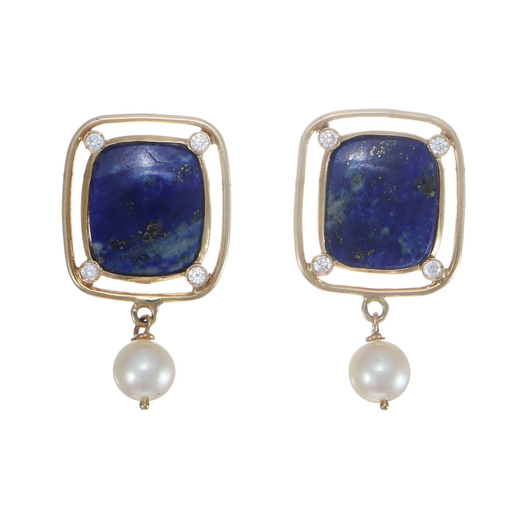 Lapis Lazuli Diamond Pearl Drop Dangle Earrings Solid 14k Yellow Gold Wide Cushi