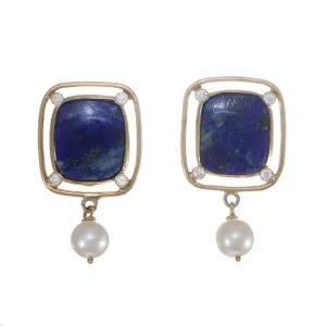 Lapis Lazuli Diamond Pearl Drop Dangle Earrings Solid 14k Yellow Gold Wide Cushi