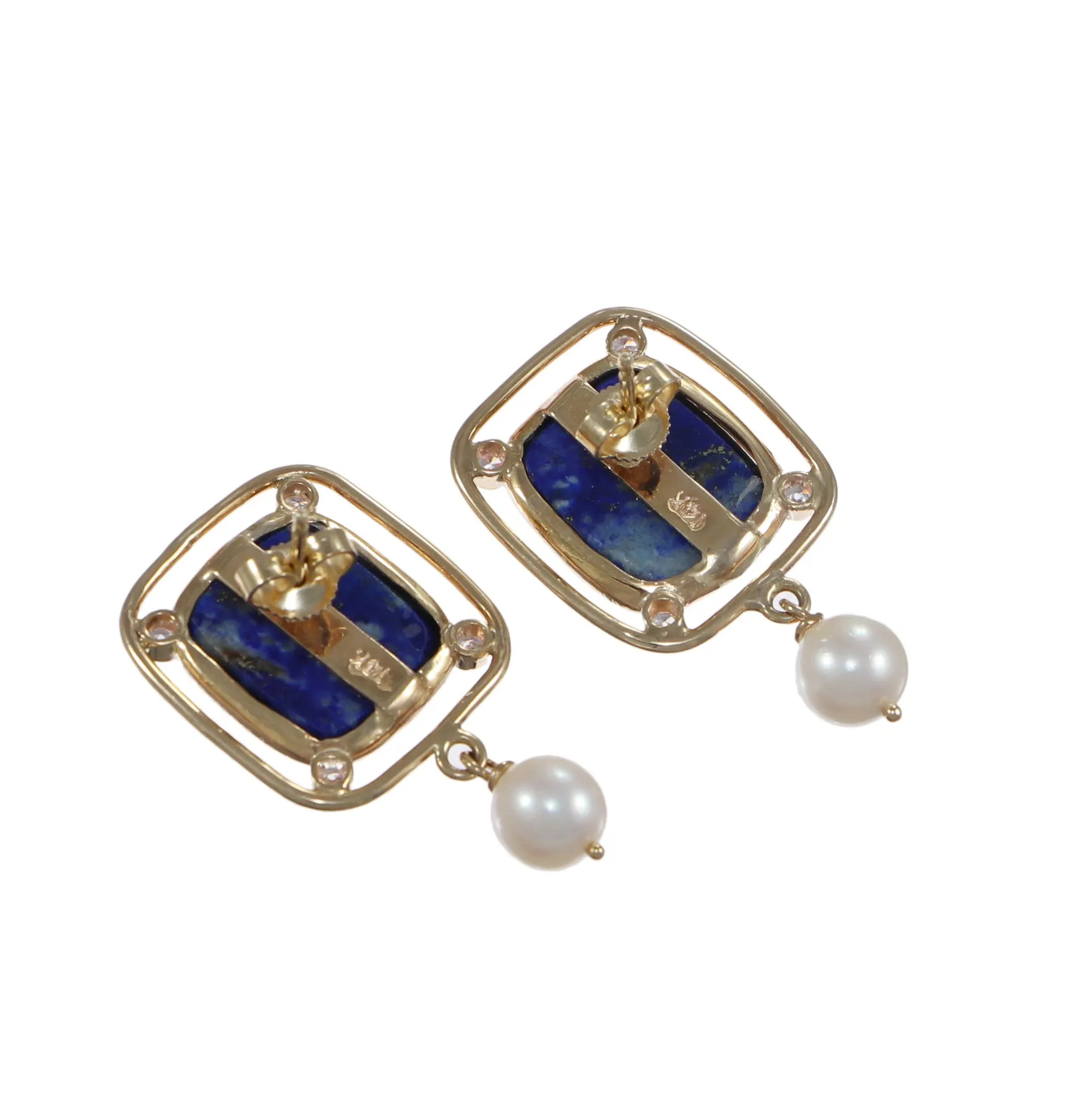Lapis Lazuli Diamond Pearl Drop Dangle Earrings Solid 14k Yellow Gold Wide Cushi