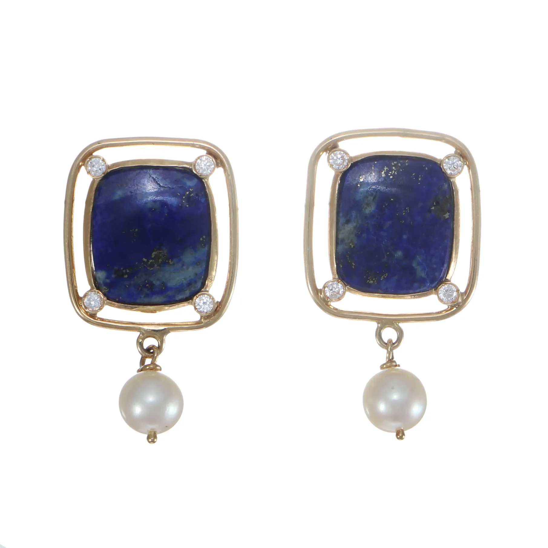 Lapis Lazuli Diamond Pearl Drop Dangle Earrings Solid 14k Yellow Gold Wide Cushi