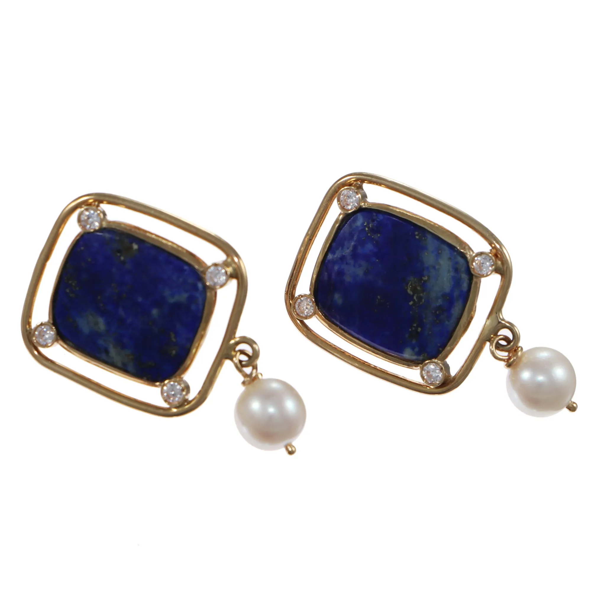 Lapis Lazuli Diamond Pearl Drop Dangle Earrings Solid 14k Yellow Gold Wide Cushi