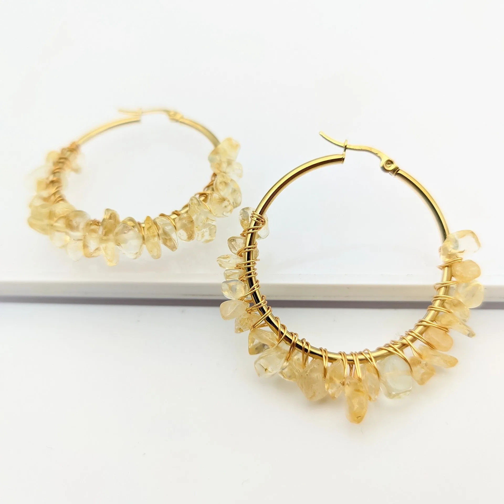 Large Circle Natural Crystal Stone Earrings Hand-wrapped Green Donglin Stone Women's Commuter Stainless Steel Earrings