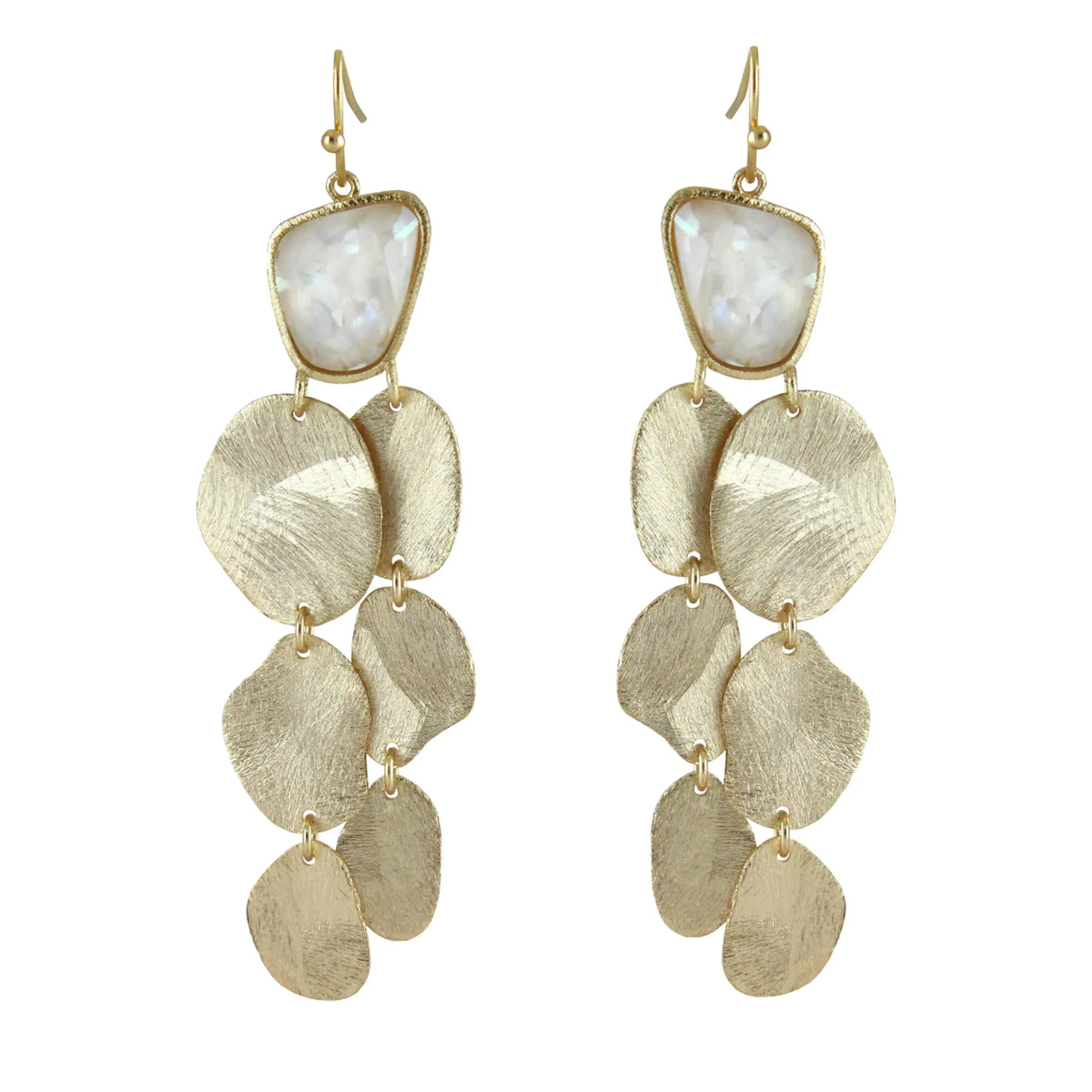 Marcia Moran Heather Disc  Drop Earrings with Cracked Mother of Pearl  and Gold on Wire Hook