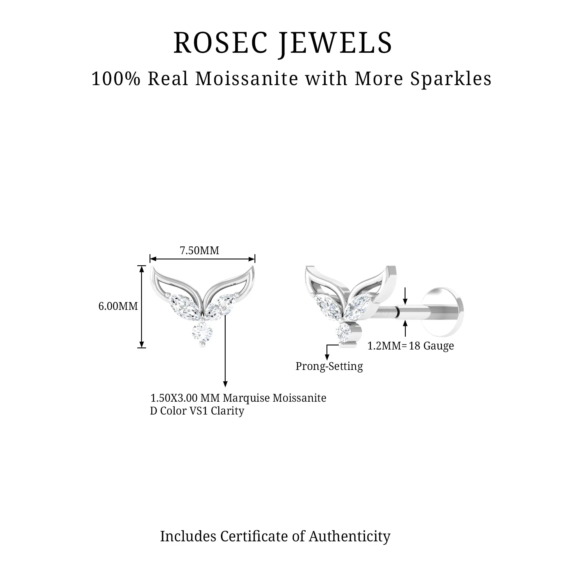 Marquise Moissanite Leaf Earring for Cartilage Piercing
