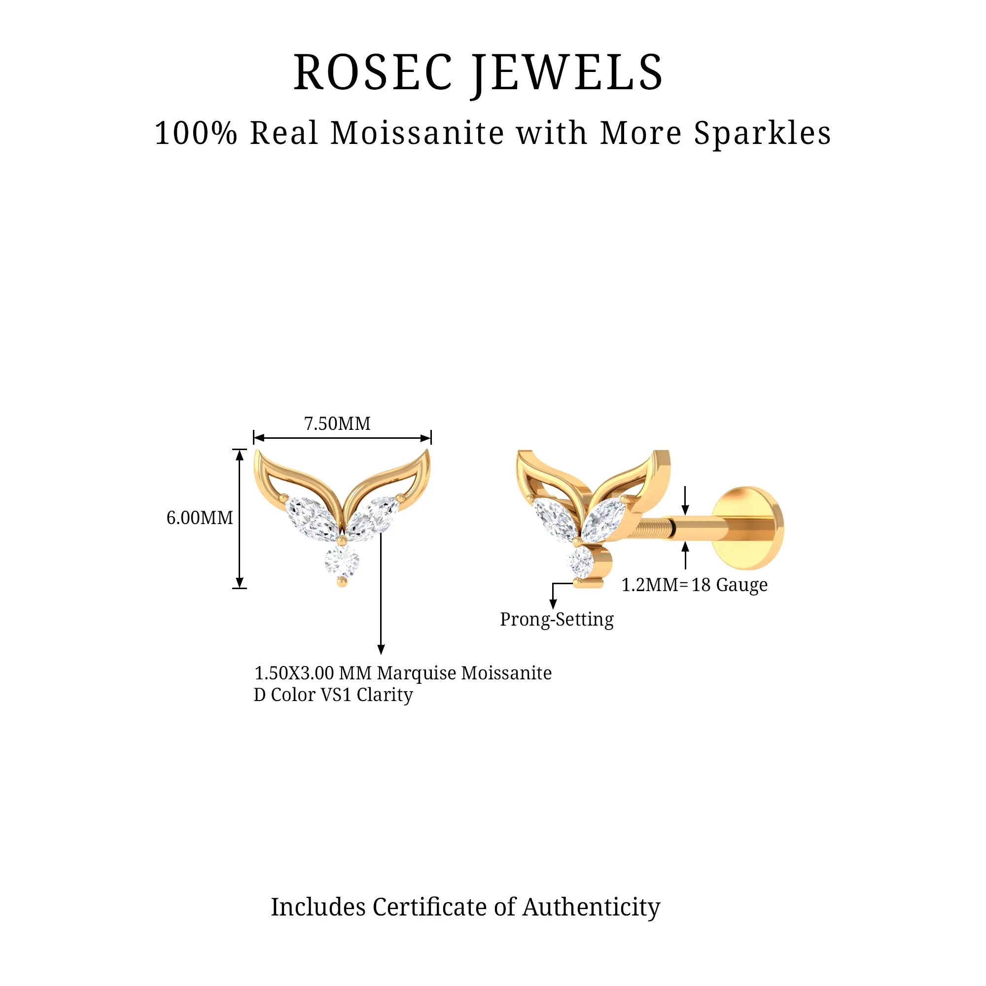 Marquise Moissanite Leaf Earring for Cartilage Piercing