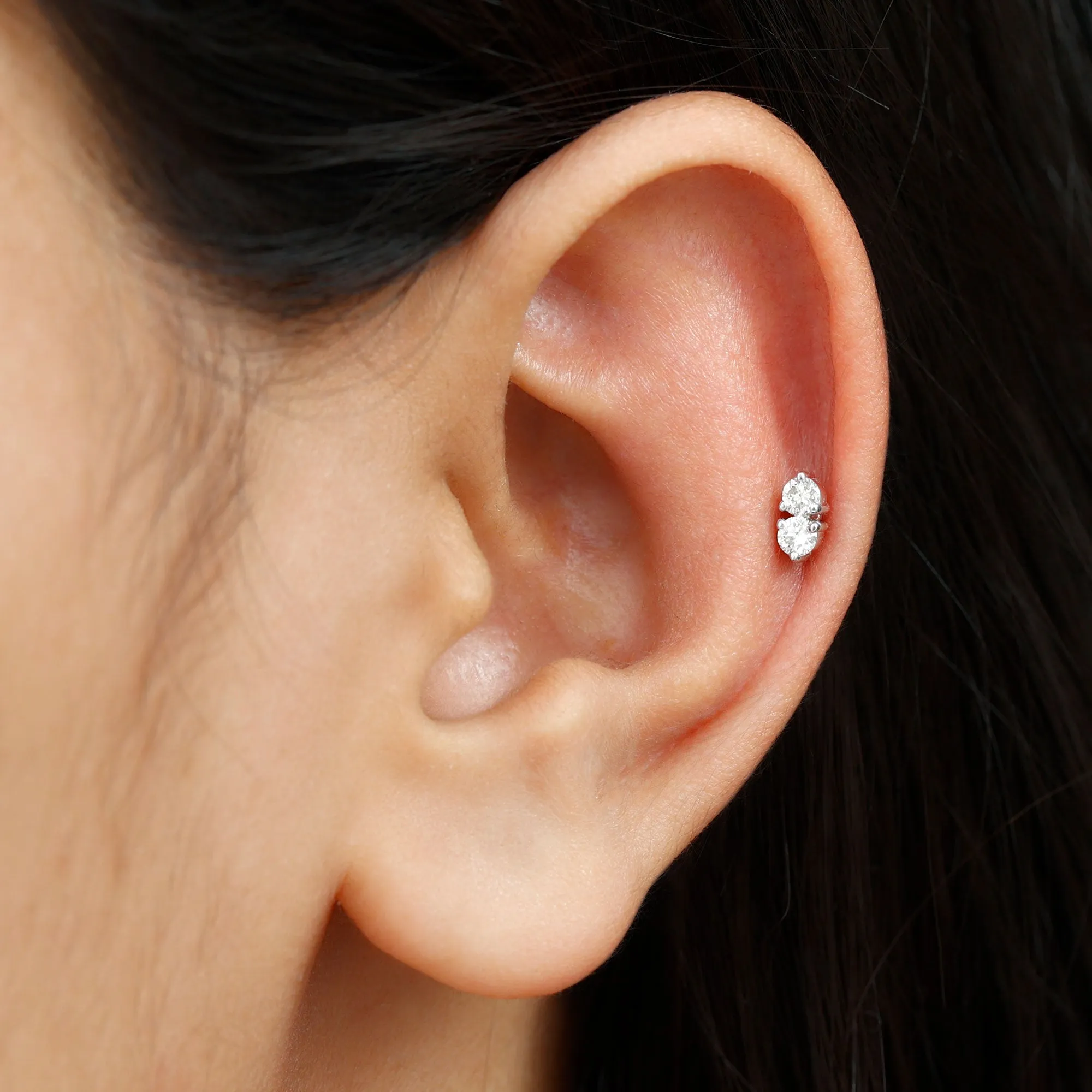 Minimalist Diamond 2 Stone Earring for Tragus Piercing
