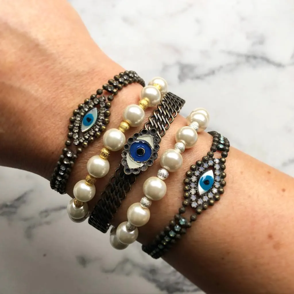 Mother of Pearl Evil Eye Swarovski Crystal Ball Chain Bracelet