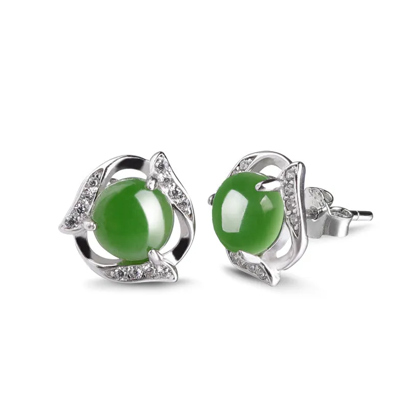 Natural Jade Earrings Nephrite Silver Zircon Earrings ZEG511