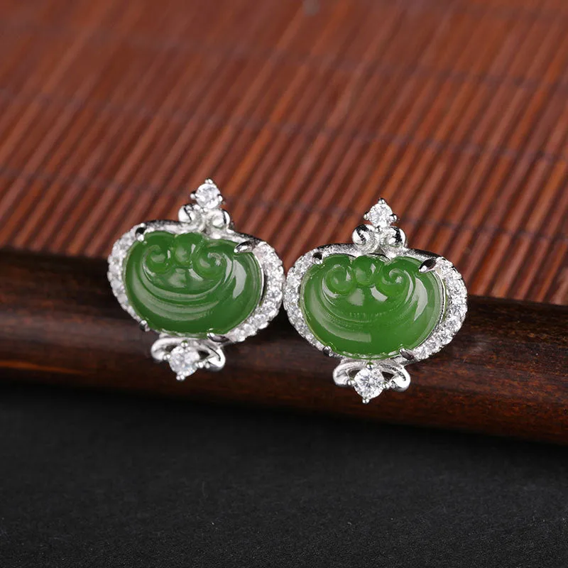 Natural Jade Earrings Nephrite Silver Zircon Ruyi Earrings ZEG523
