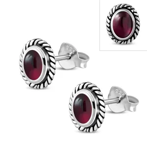 Oval Garnet Stone Stud Silver Earrings