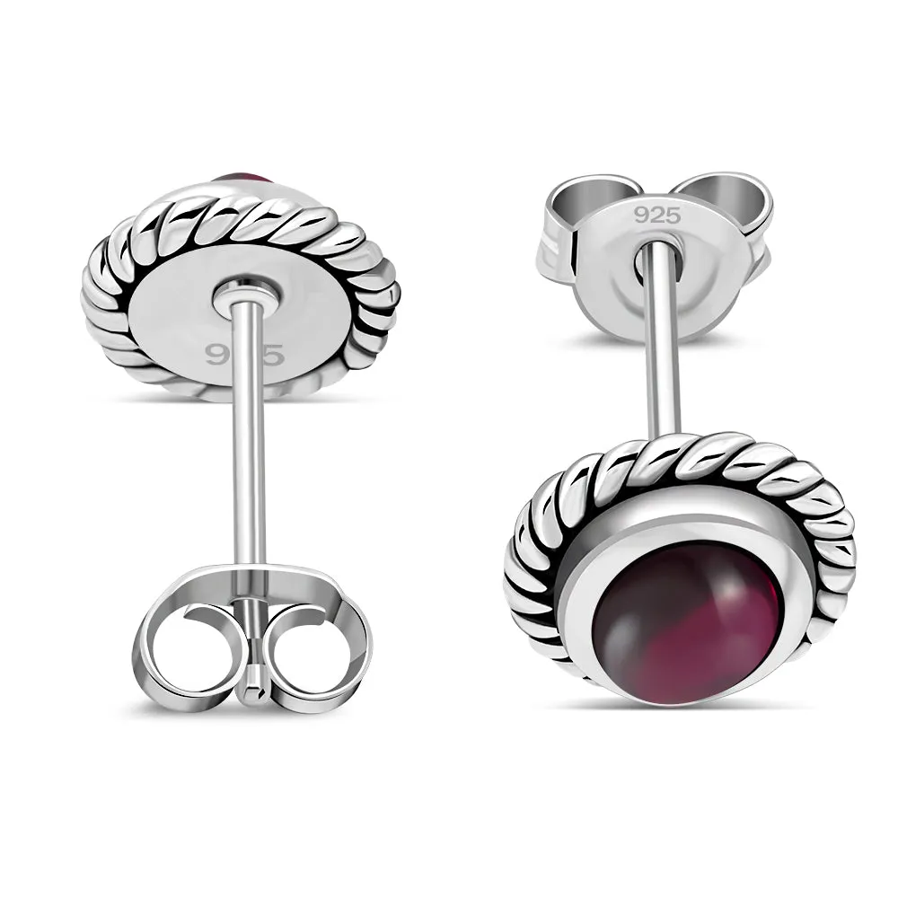 Oval Garnet Stone Stud Silver Earrings