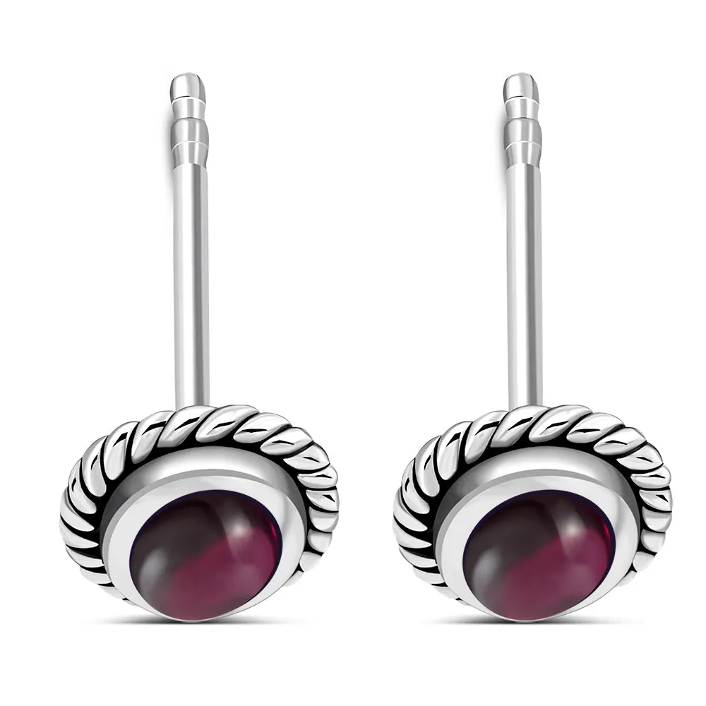 Oval Garnet Stone Stud Silver Earrings