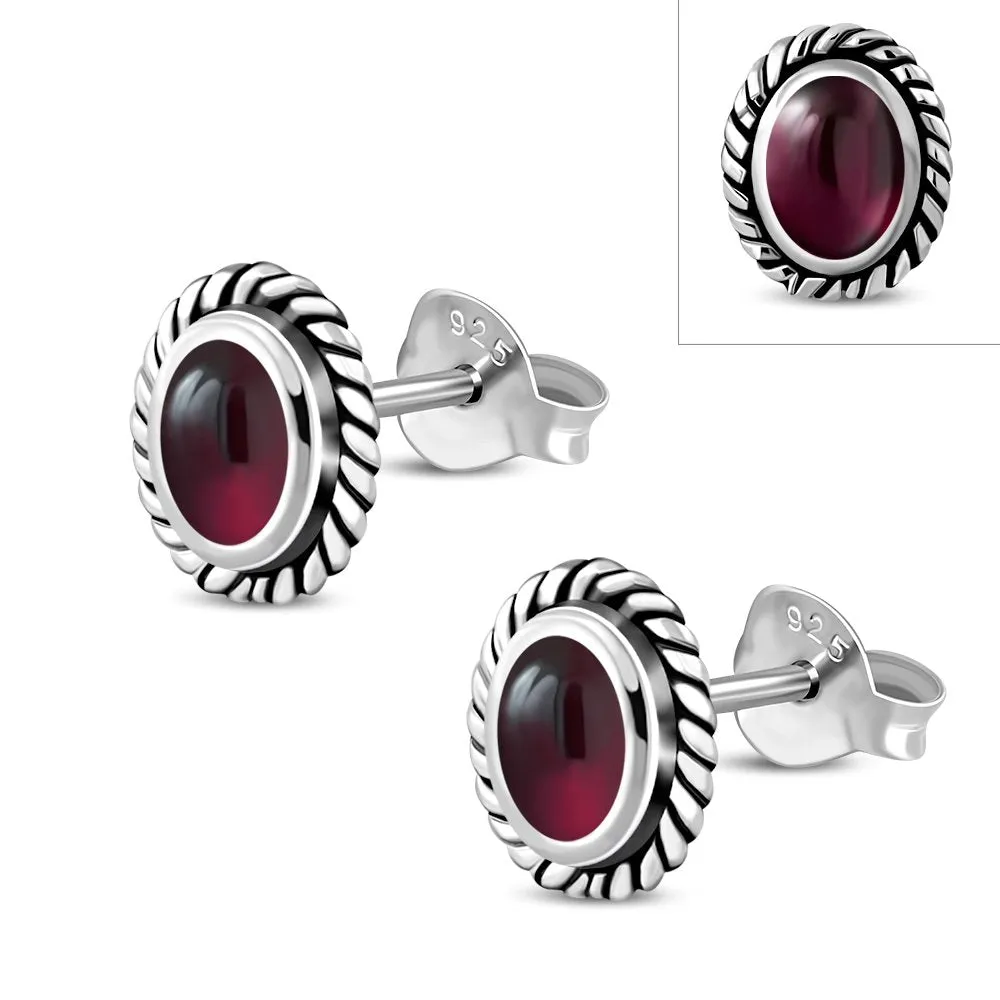 Oval Garnet Stone Stud Silver Earrings