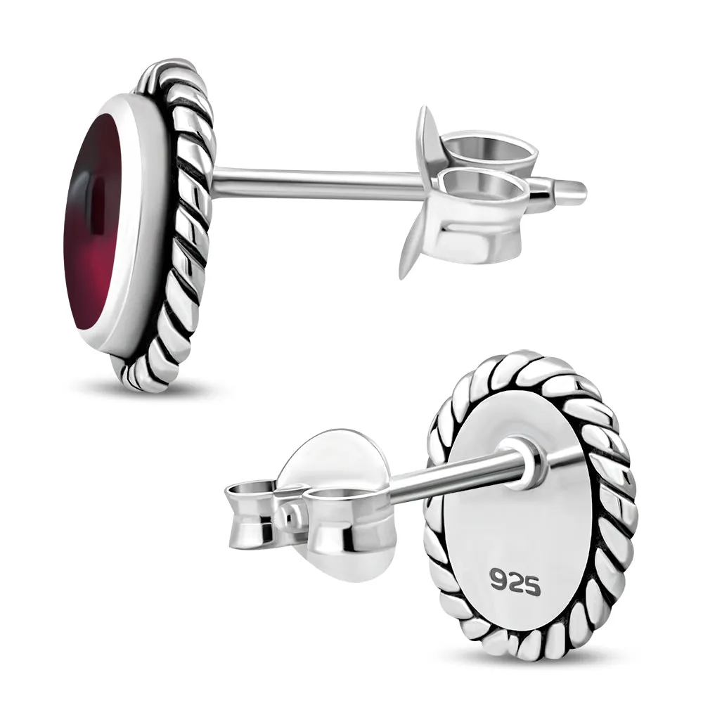 Oval Garnet Stone Stud Silver Earrings