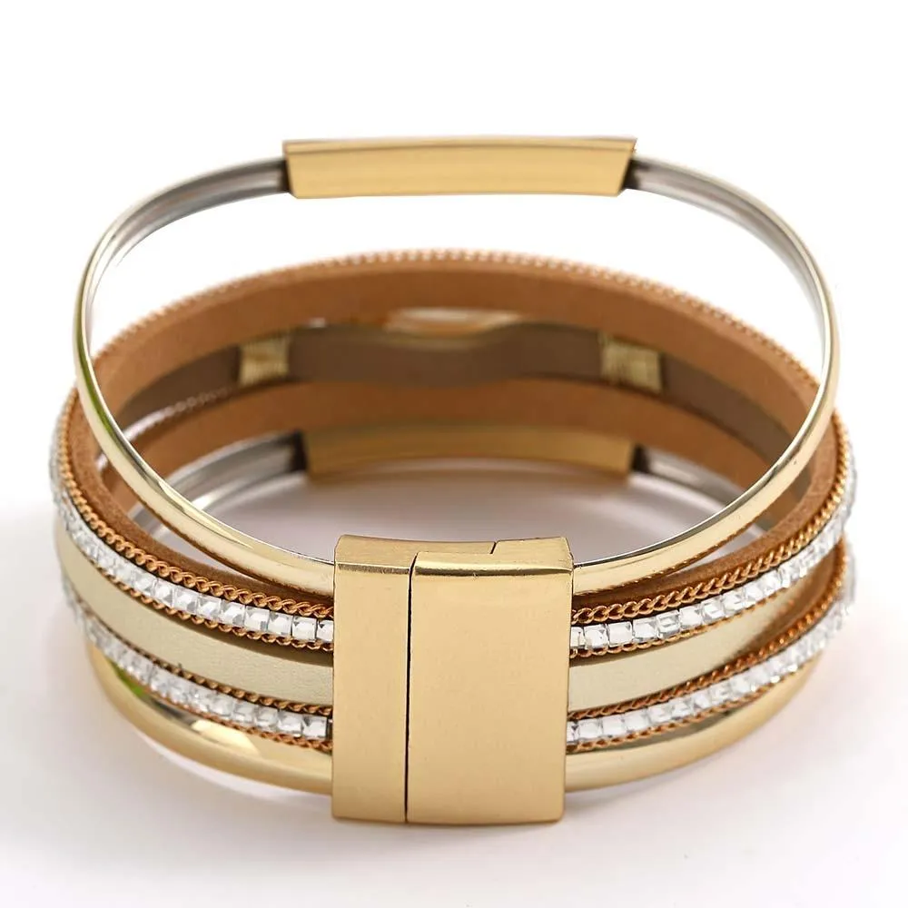 'Pearl' Charm & Rhinestones Cuff Bracelet - gold