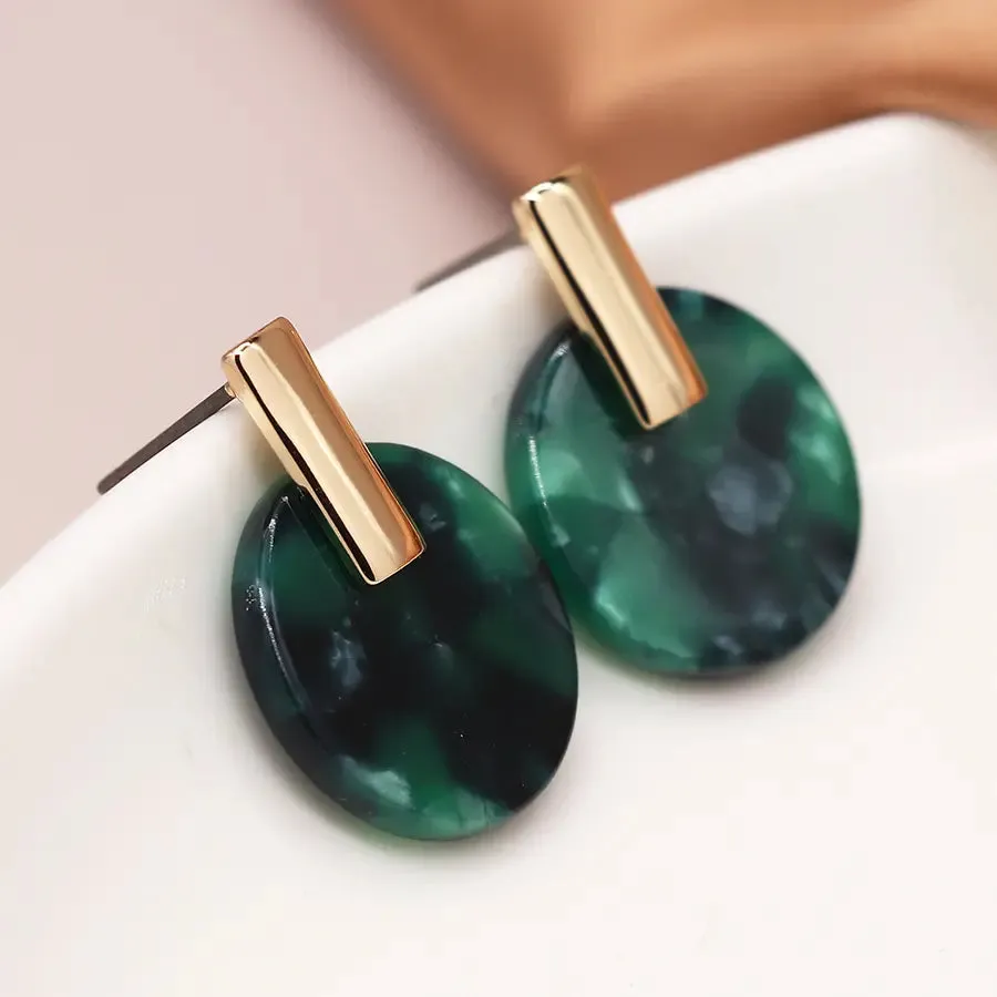 POM Malachite Green Resin With Gold Top Disc Stud Earrings