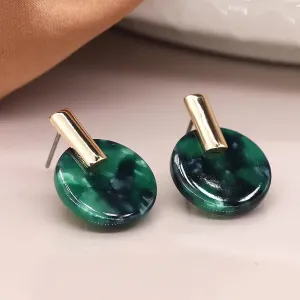 POM Malachite Green Resin With Gold Top Disc Stud Earrings
