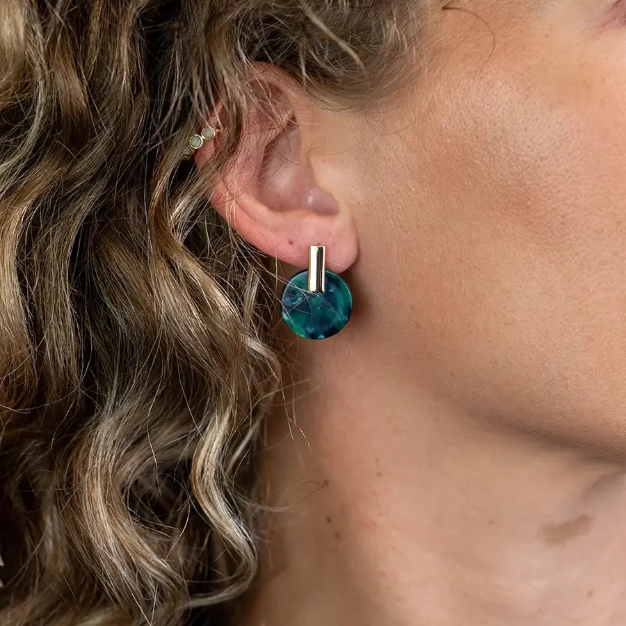 POM Malachite Green Resin With Gold Top Disc Stud Earrings