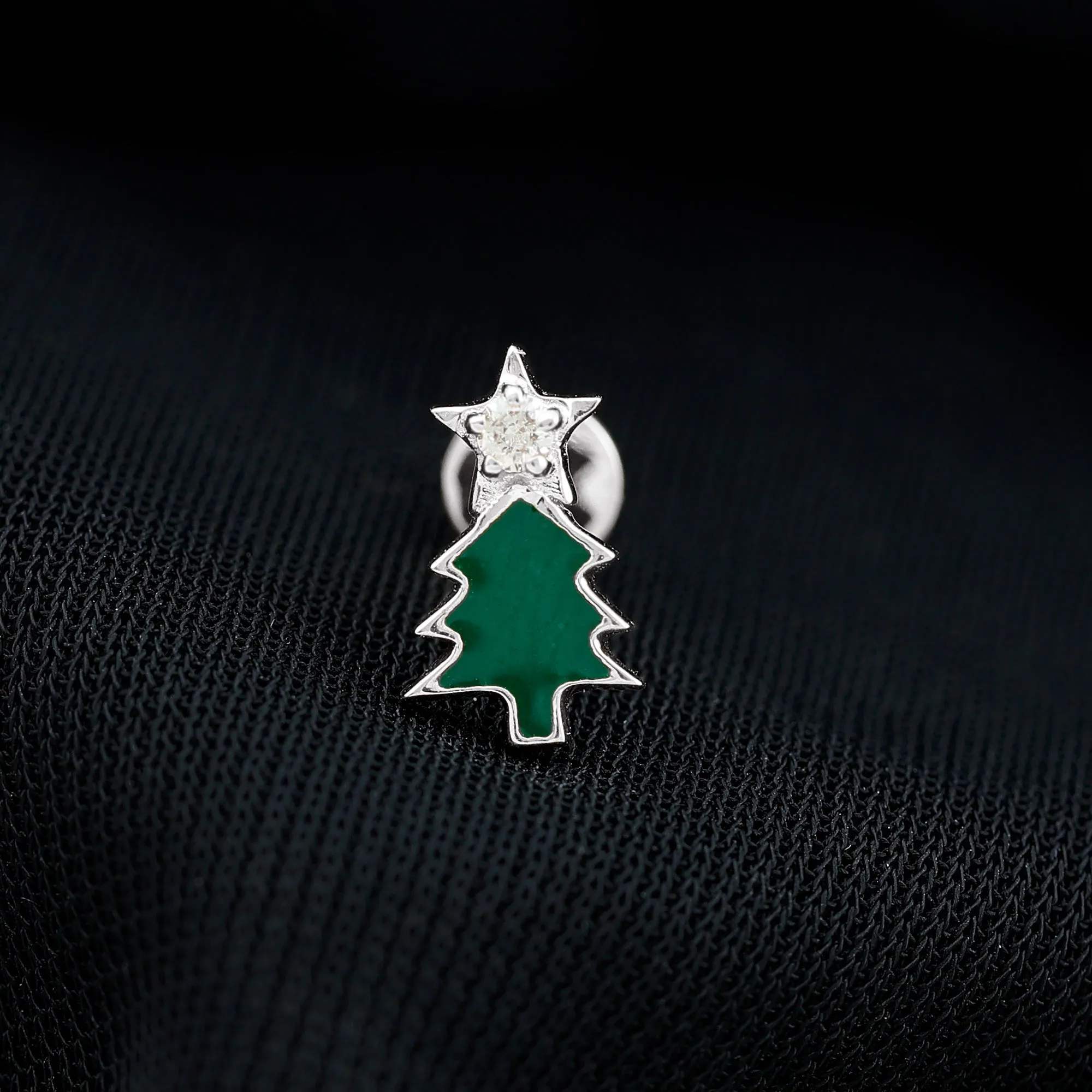 Real Diamond Green Enamel Christmas Tree Cartilage Earring