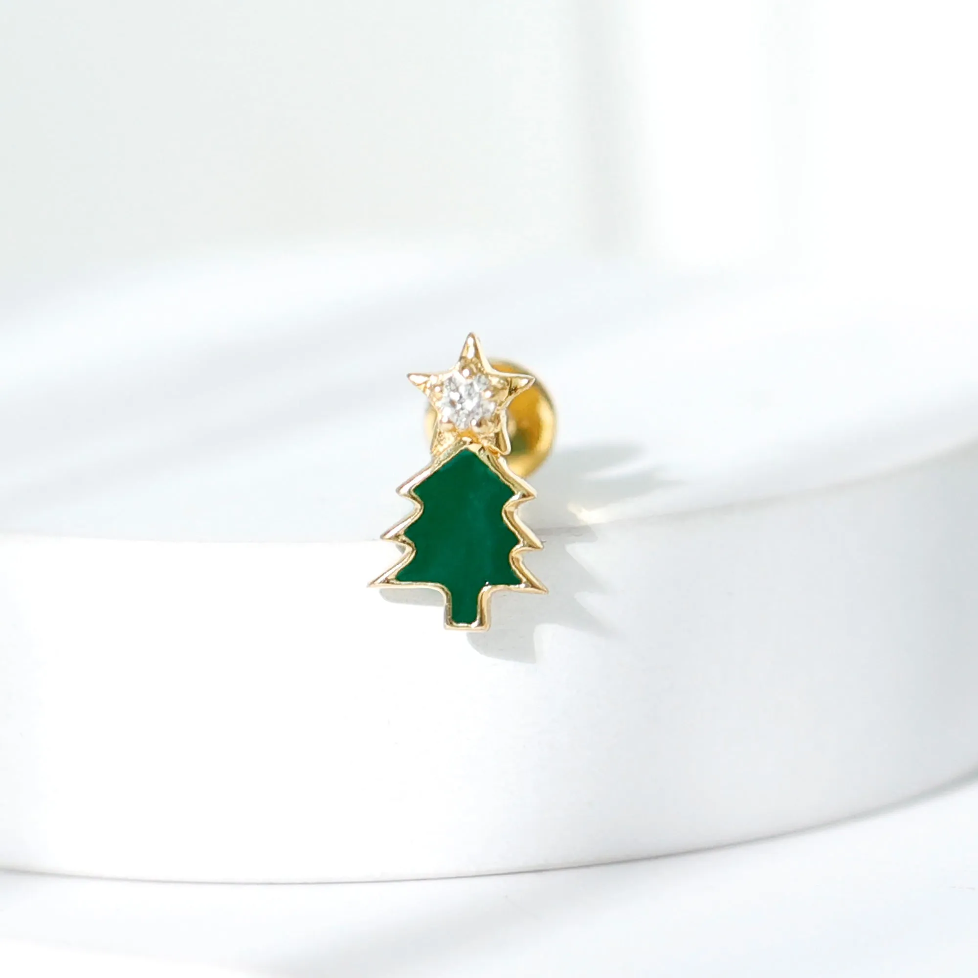 Real Diamond Green Enamel Christmas Tree Cartilage Earring
