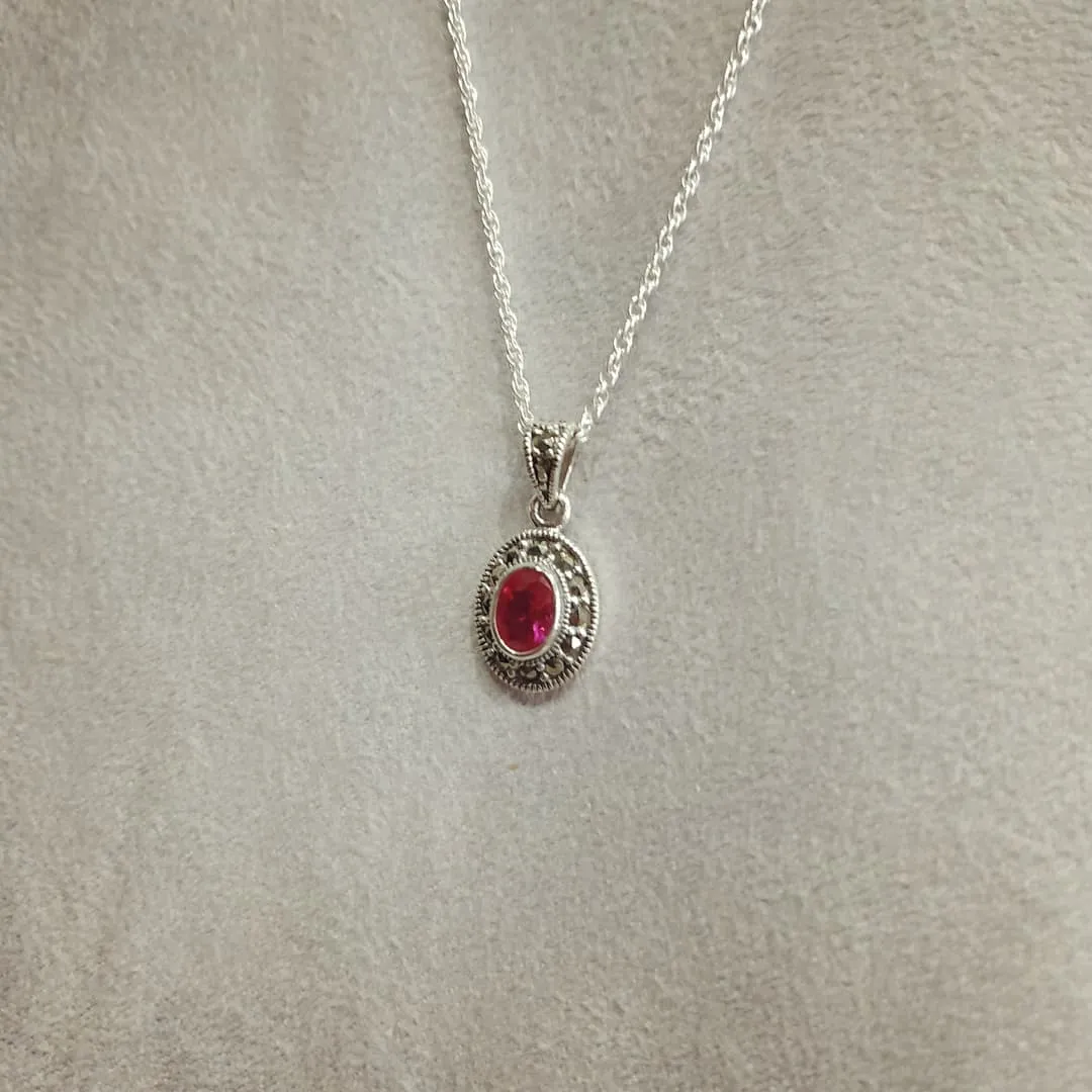 Ruby Crystal oval  Pendant Necklace Silver Marcasite
