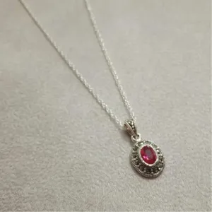 Ruby Crystal oval  Pendant Necklace Silver Marcasite