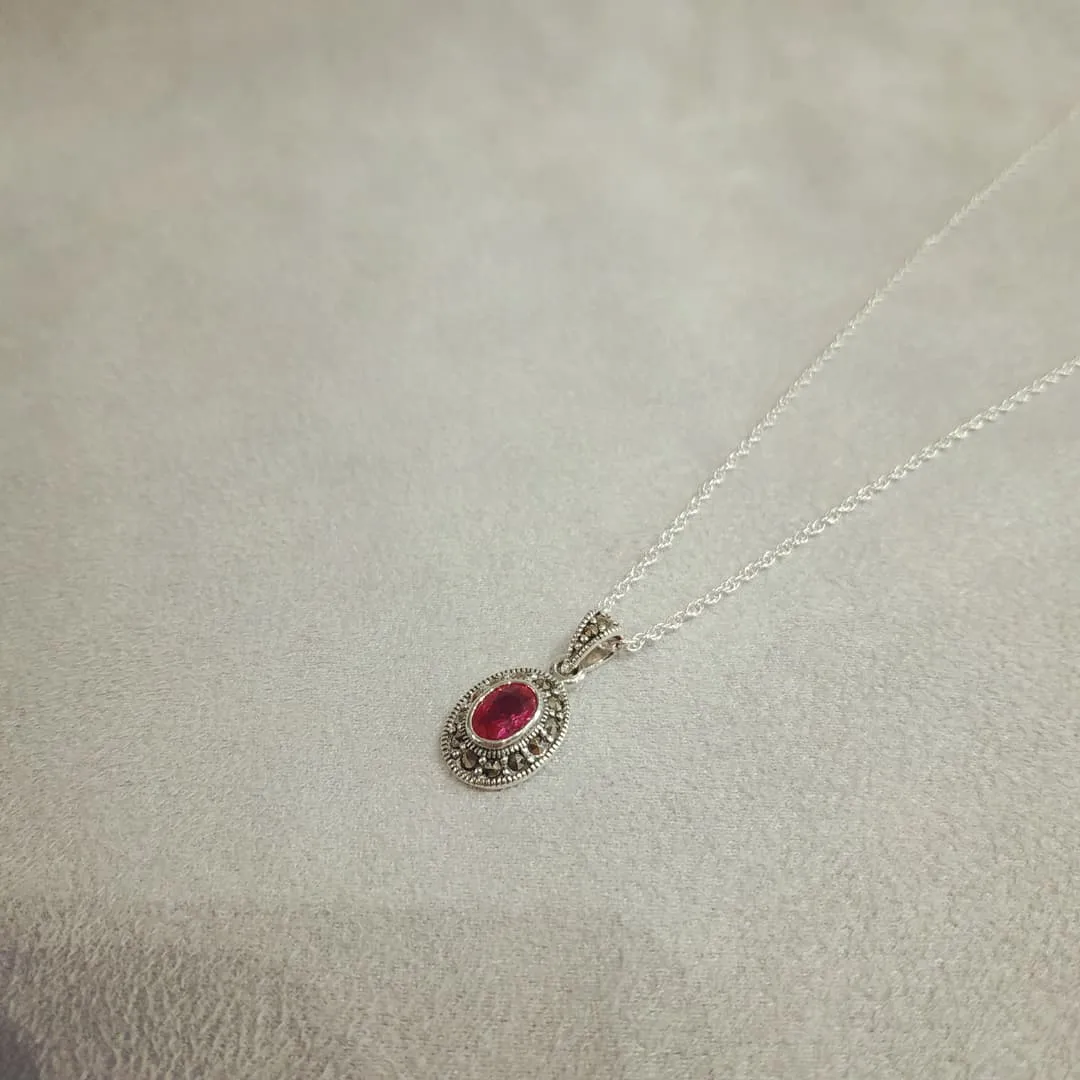 Ruby Crystal oval  Pendant Necklace Silver Marcasite