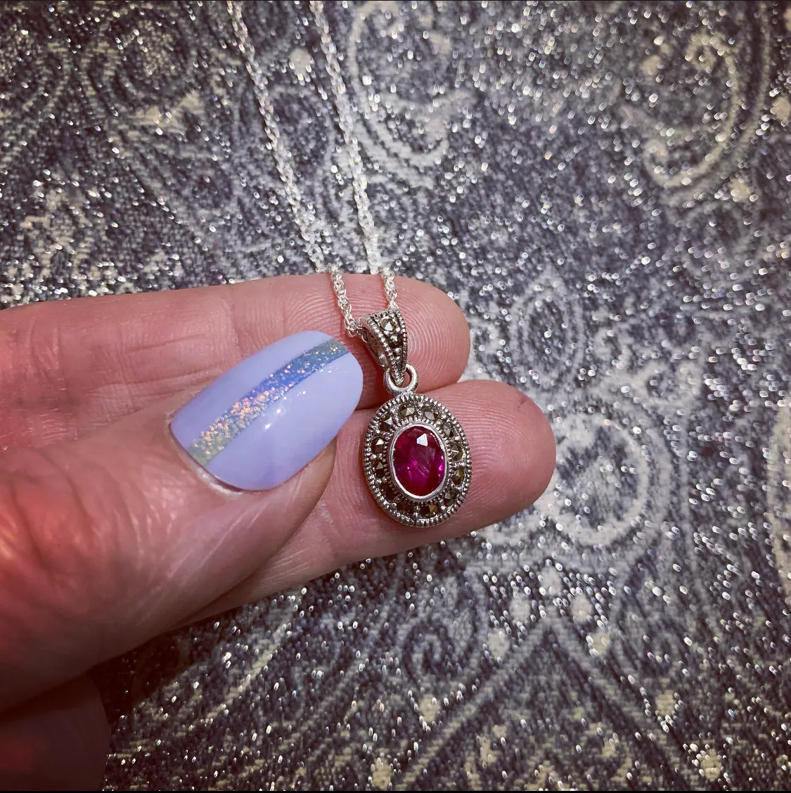 Ruby Crystal oval  Pendant Necklace Silver Marcasite