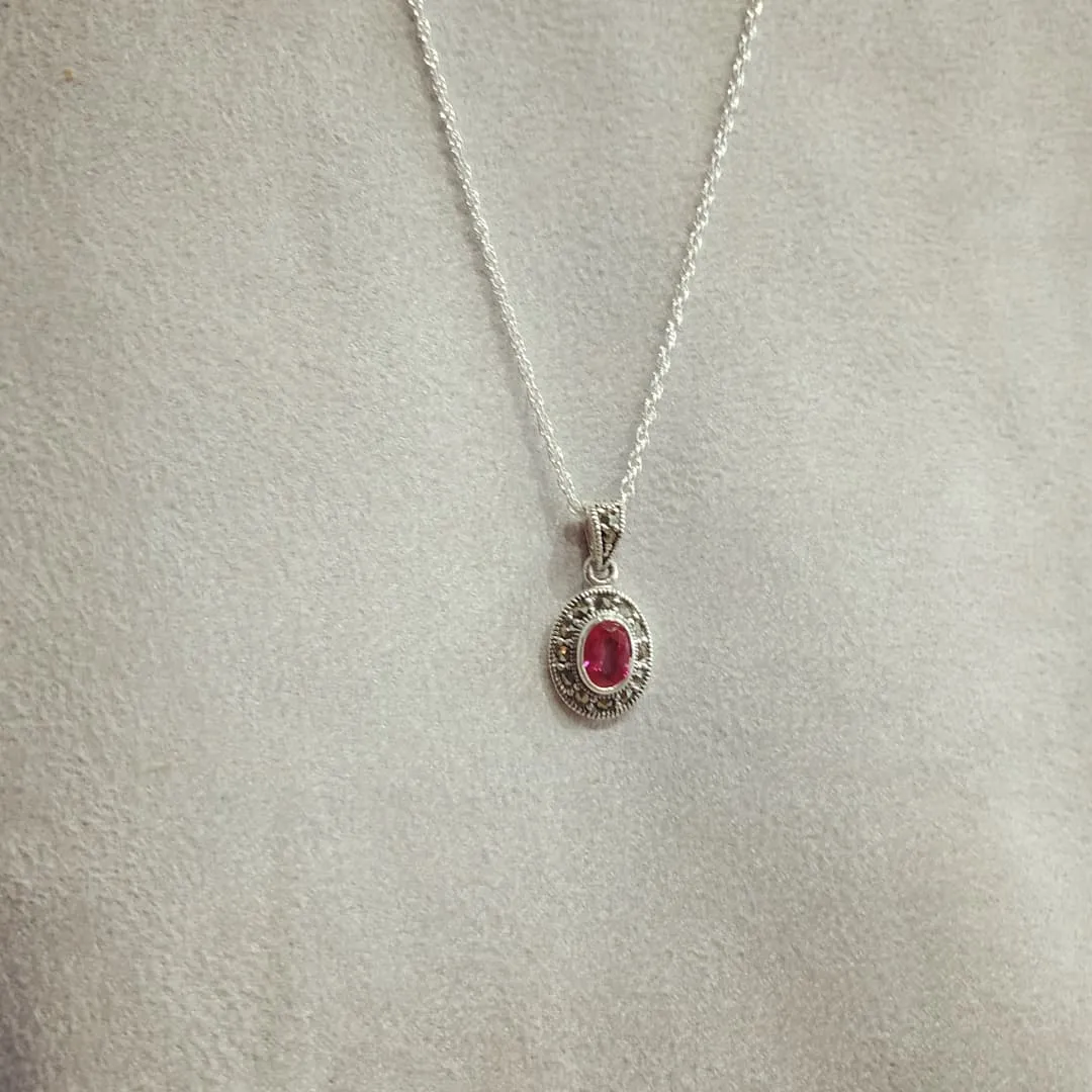 Ruby Crystal oval  Pendant Necklace Silver Marcasite