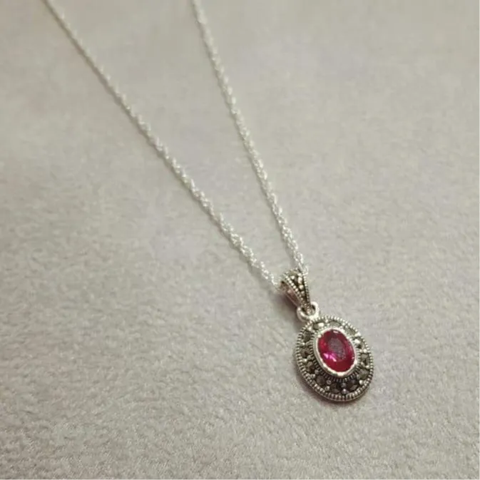 Ruby Crystal oval  Pendant Necklace Silver Marcasite