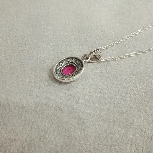Ruby Crystal oval  Pendant Necklace Silver Marcasite