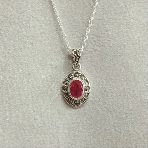 Ruby Crystal oval  Pendant Necklace Silver Marcasite