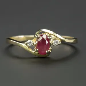 RUBY DIAMOND COCKTAIL RING OVAL SHAPE BYPASS 14k YELLOW GOLD NATURAL DAINTY RED