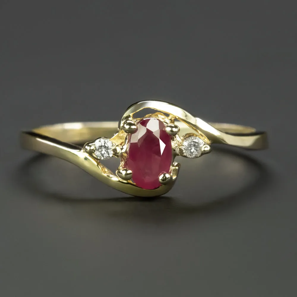 RUBY DIAMOND COCKTAIL RING OVAL SHAPE BYPASS 14k YELLOW GOLD NATURAL DAINTY RED