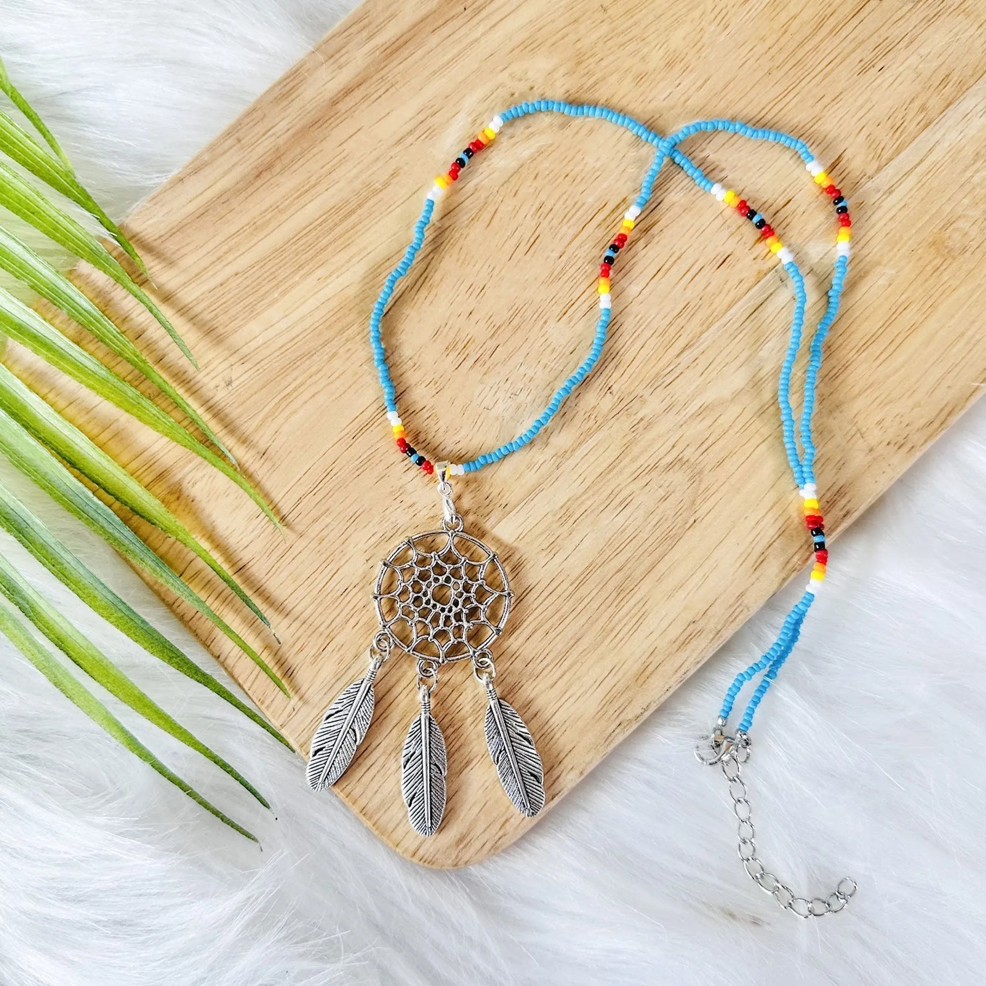 SALE 50% OFF - Long Silver Dreamcatcher Red Petals Handmade Beaded Necklace For Women With Native American Style