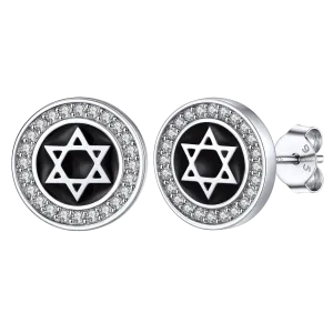 Silver Zircon Star Of David Stud Earrings for Men Women