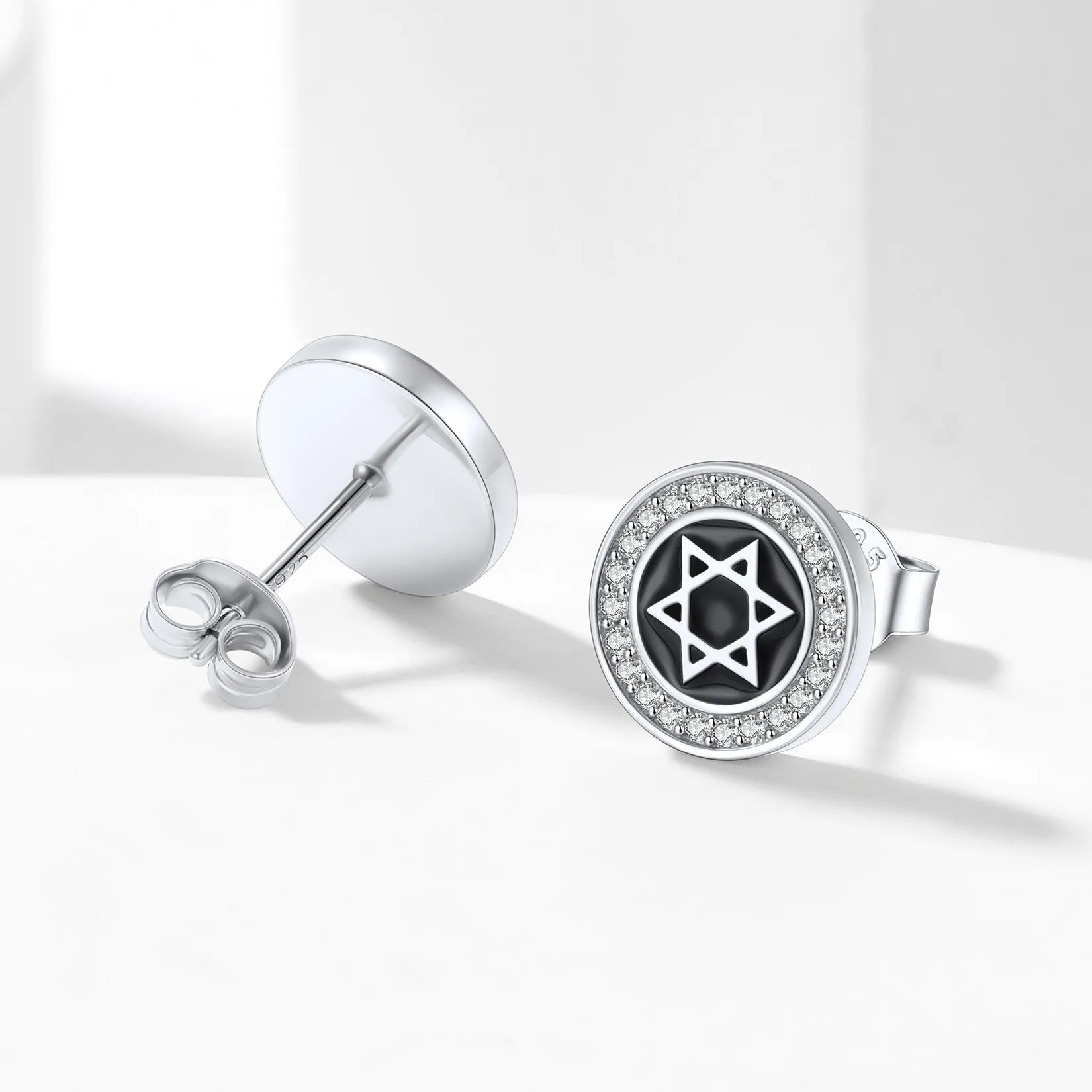 Silver Zircon Star Of David Stud Earrings for Men Women