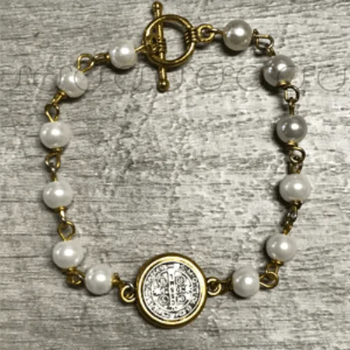 St. Benedict Pearl Wire Wrapped Bracelet