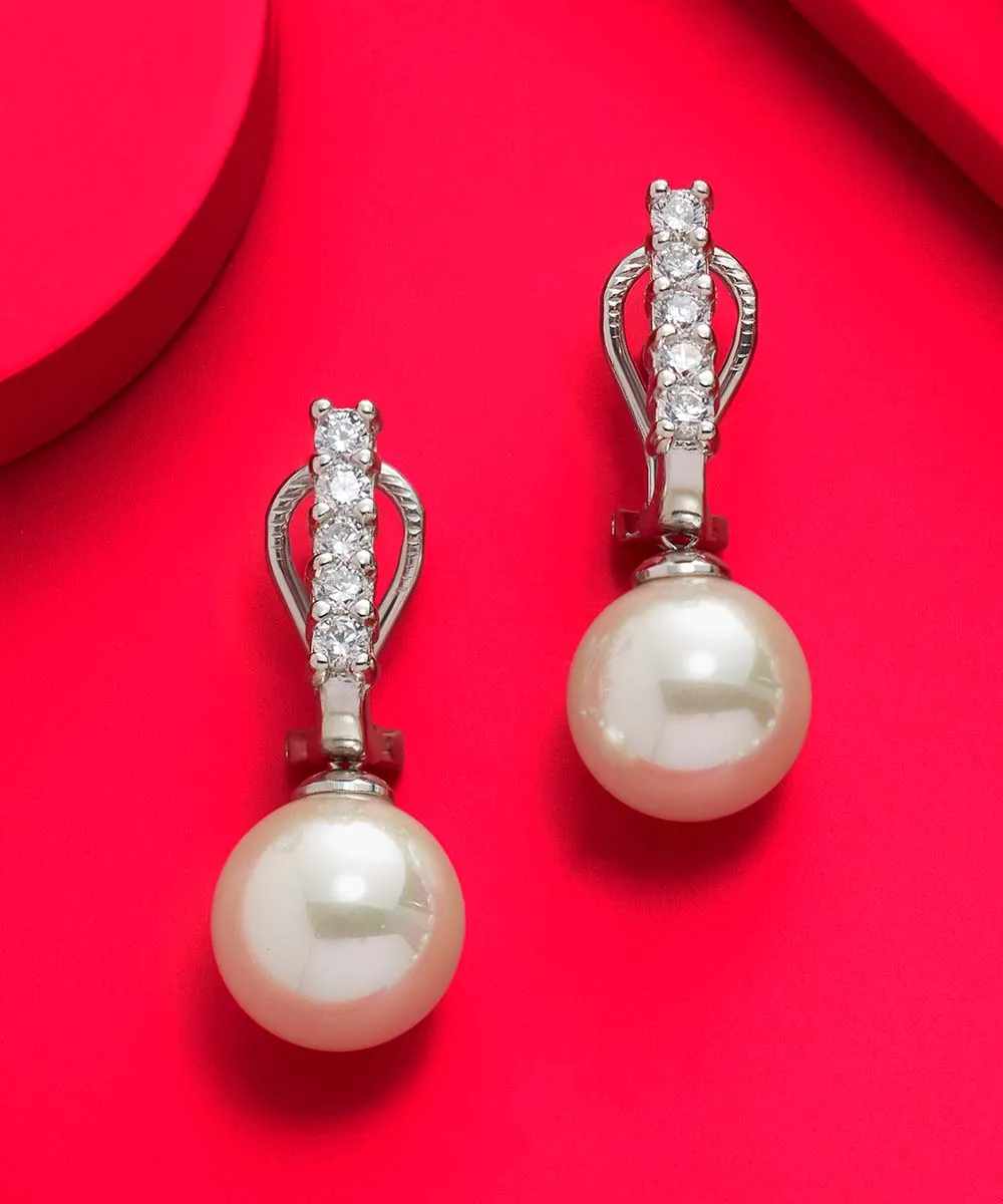 Sterling Silver Rhodium Plated Long Omega Earrings for Women with Post and Organic Pearl, 12mm Round White Pearl and Zircon, Lilit Collection